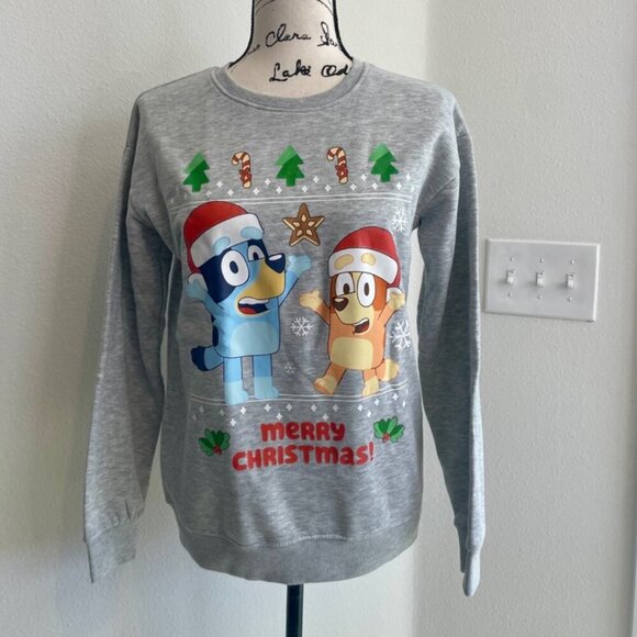 BLUEY & CHILLY HELLER UGLY CHRISTMAS SWEATSHIRT SZ S KIDS L GRAY CARTOON KAWAII - Picture 8 of 16